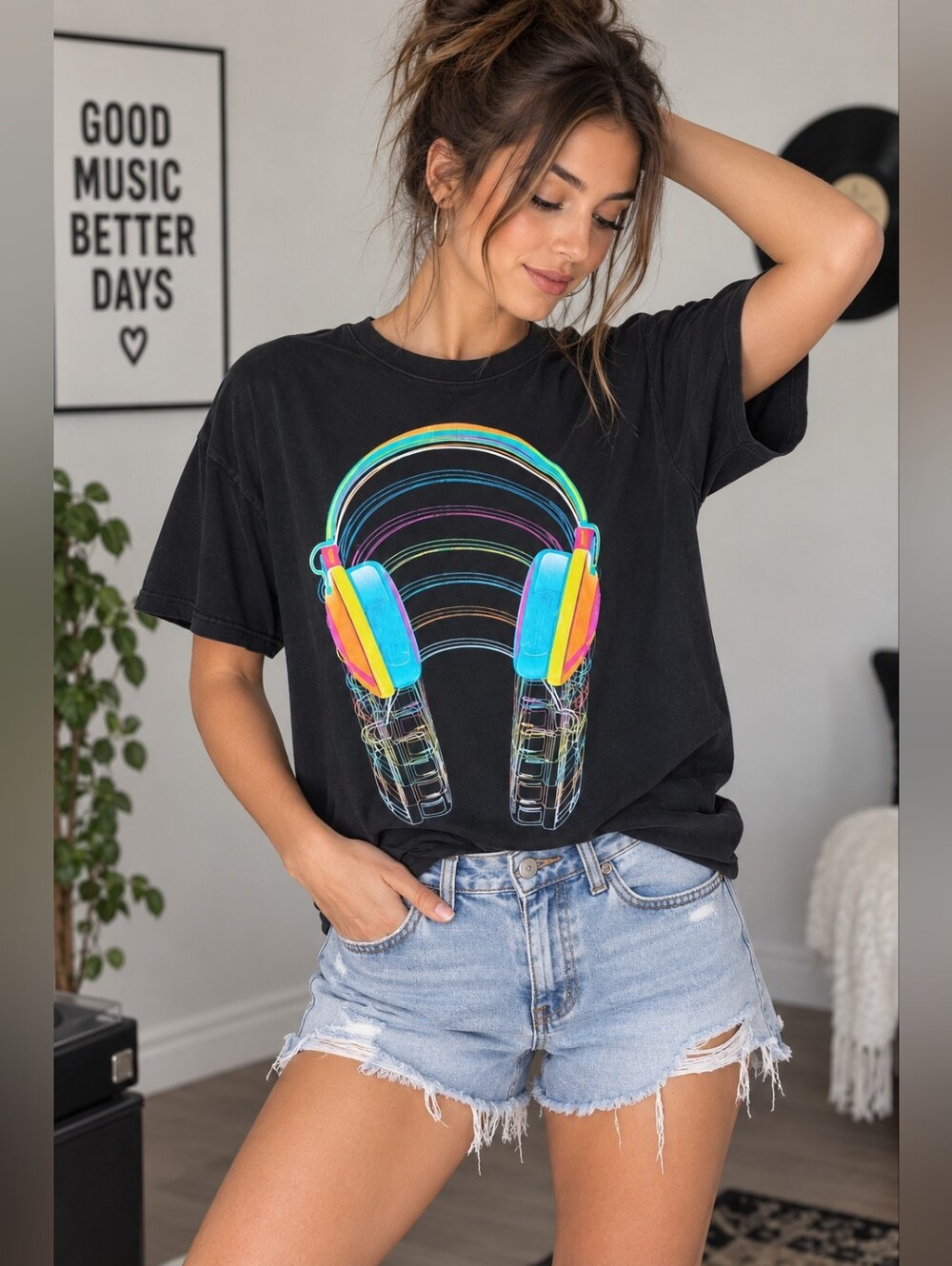 SOKO Black Neon Rainbow Headphones Graphic T-Shirt Music Tee